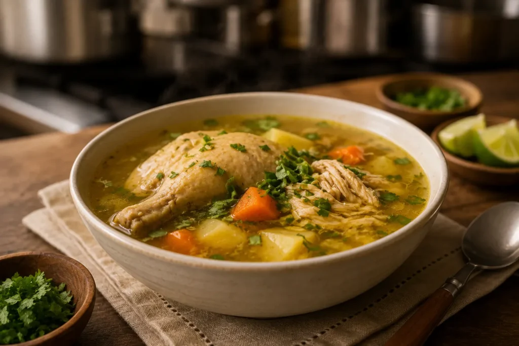 Plato de caldo de gallina recién servido con presa de pollo, papa, verduras y caldo caliente, presentado de forma apetitosa para restaurante.